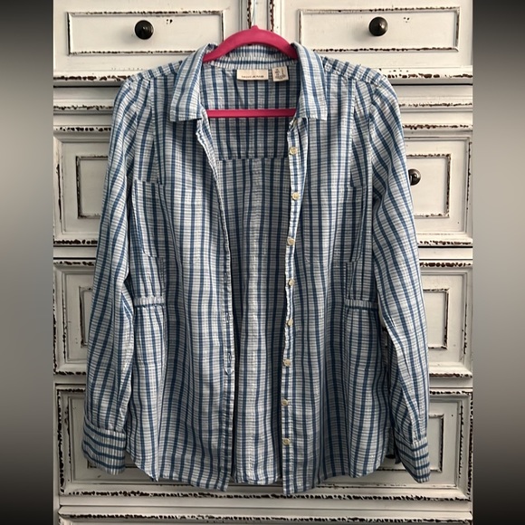 DKNY long sleeve button tan light weight button down with elastic waist size L - Picture 6 of 15